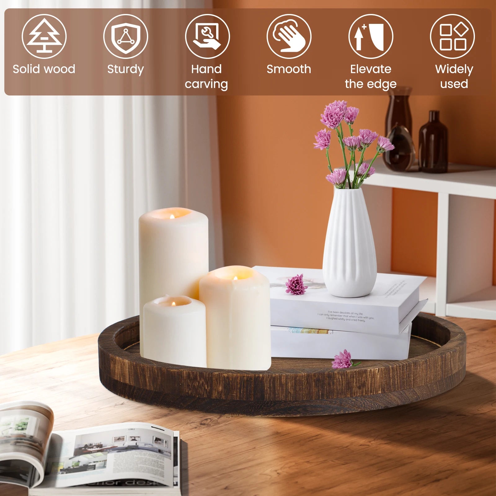 30cm Round Wooden Tray for Coffee Table, Serving, and Decor