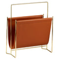 Brown Faux Leather and Gold Metal Magazine Rack for Living Room or Office