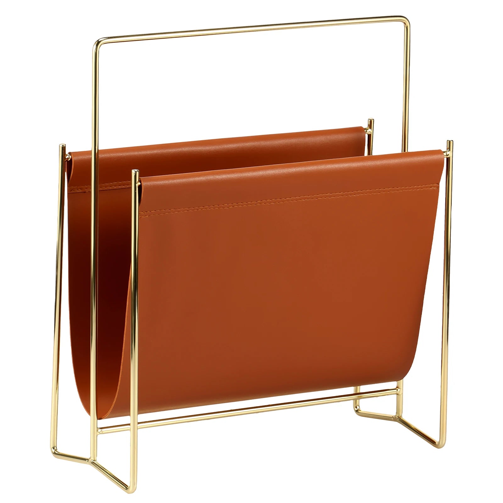 Brown Faux Leather and Gold Metal Magazine Rack for Living Room or Office
