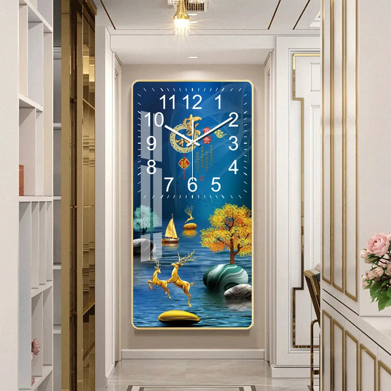 Modern wall clock with blue background, golden trees, and deer artwork, mounted in a hallway with gold accents