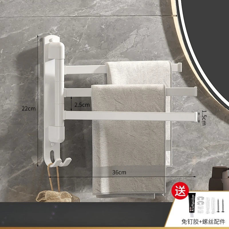 White rotating wall-mounted towel rack shown with measured dimensions, displaying two hanging towels in bathroom setting