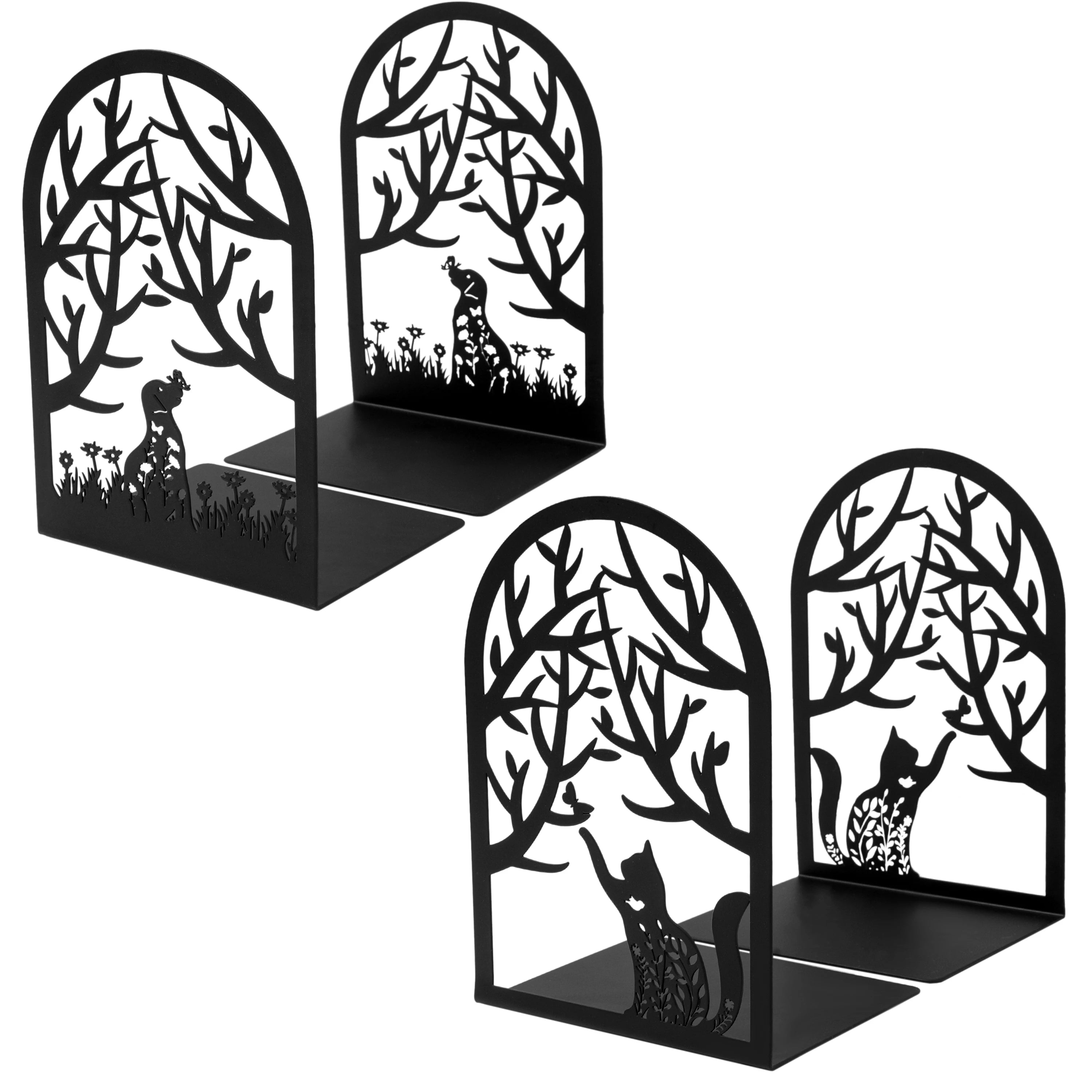 Two pairs of arched metal bookends with cat and dog silhouette designs, shown on white background