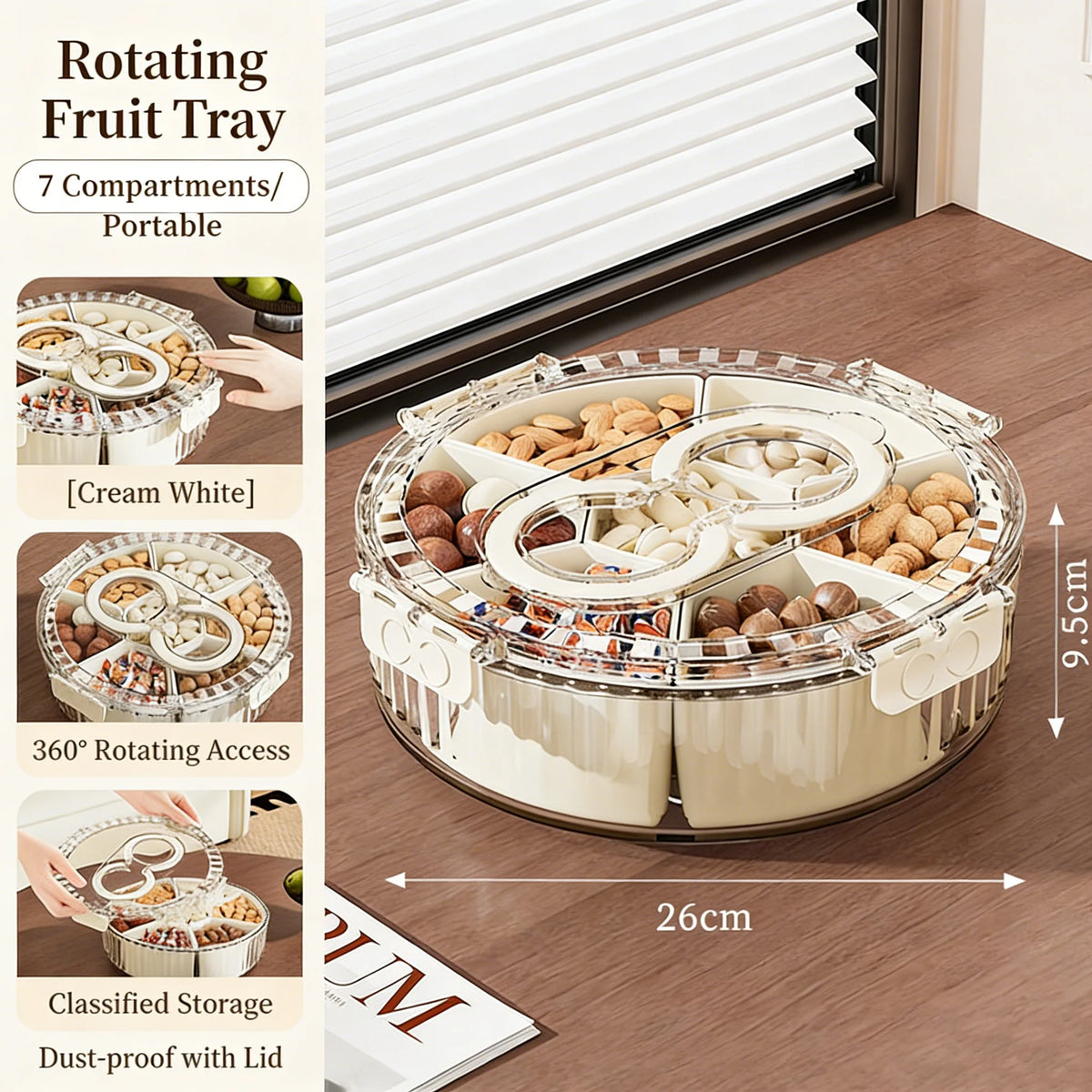 Divided Rotating Snack and Fruit Tray with Lid — Portable BPA-Free Organizer for Entertaining & Kitchen Storage