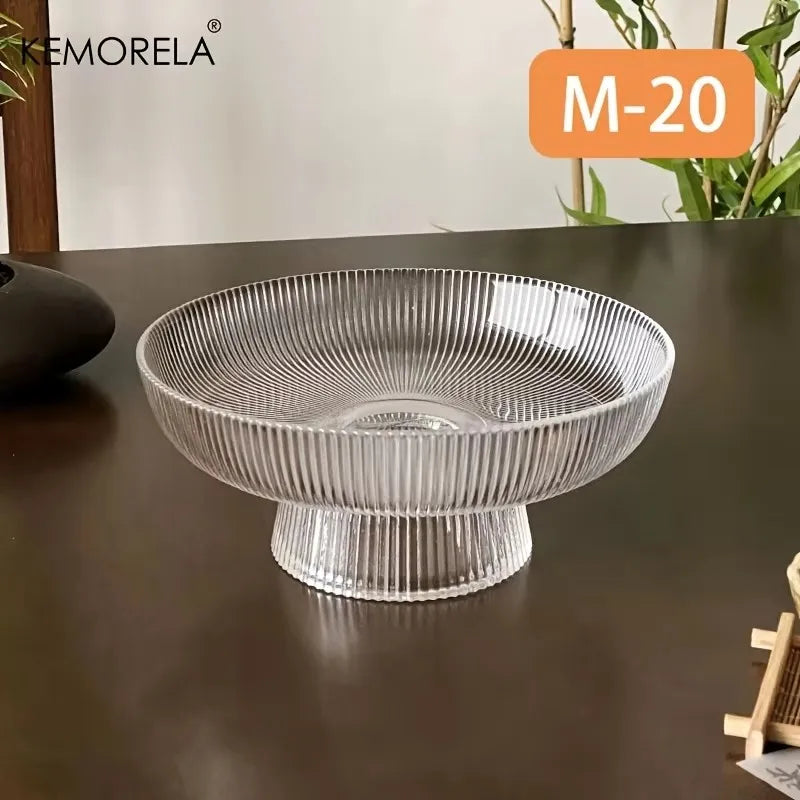 Ribbed Glass Pedestal Fruit Bowl for Dining Table or Kitchen