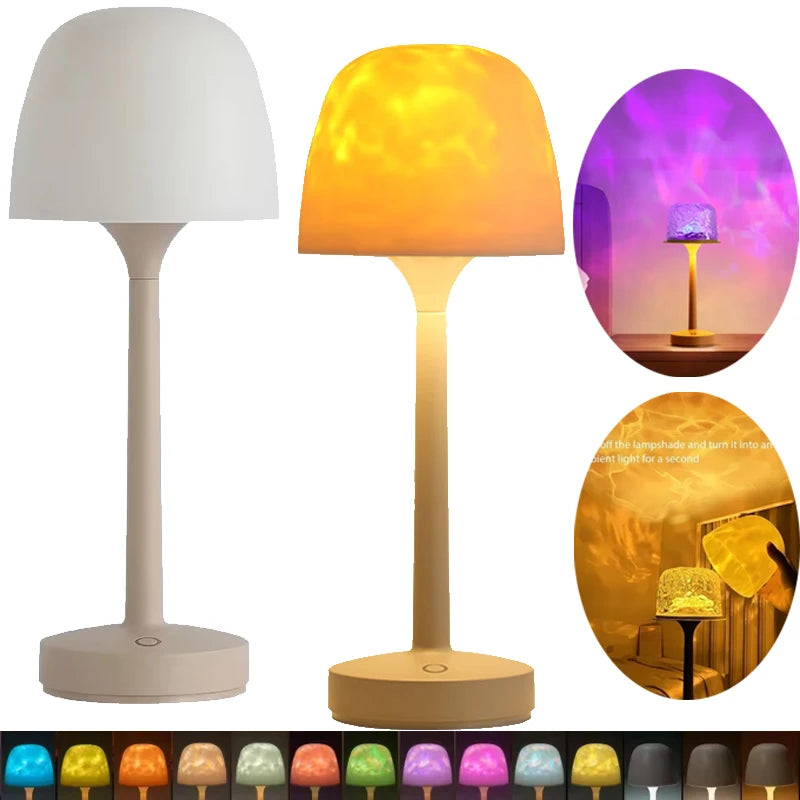 Linden Mushroom Ripple Table Lamp shown in white and glowing orange with water ripple projection and multiple color options