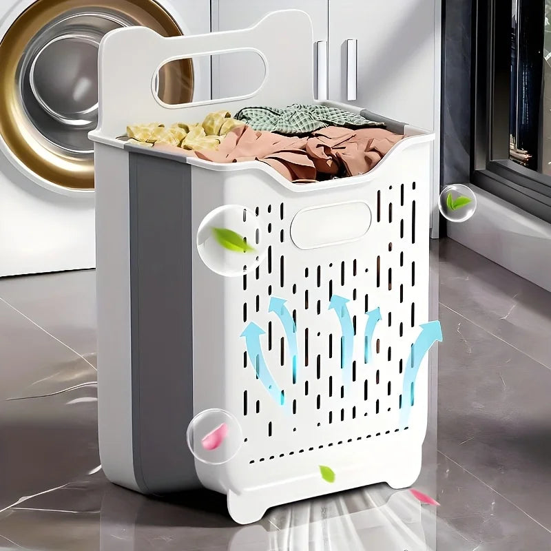 Collapsible PVC laundry basket on floor with built-in ventilation and clothes inside