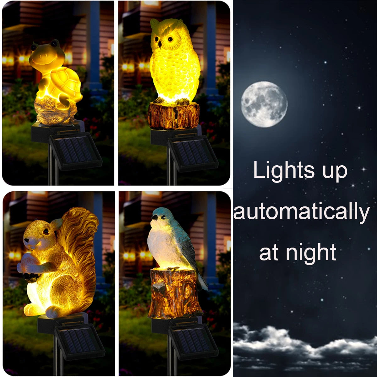 Animal solar garden lights (frog, owl, squirrel, bird) illuminated in a garden at night with moon and text 'Lights up automatically at night'