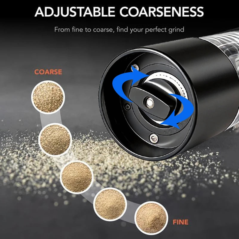 close-up of grinder showing adjustable coarseness setting from fine to coarse