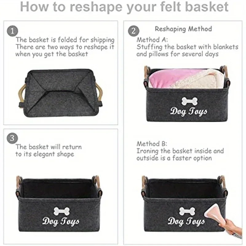 Step-by-step graphic showing how to reshape the felt dog toy basket after shipping