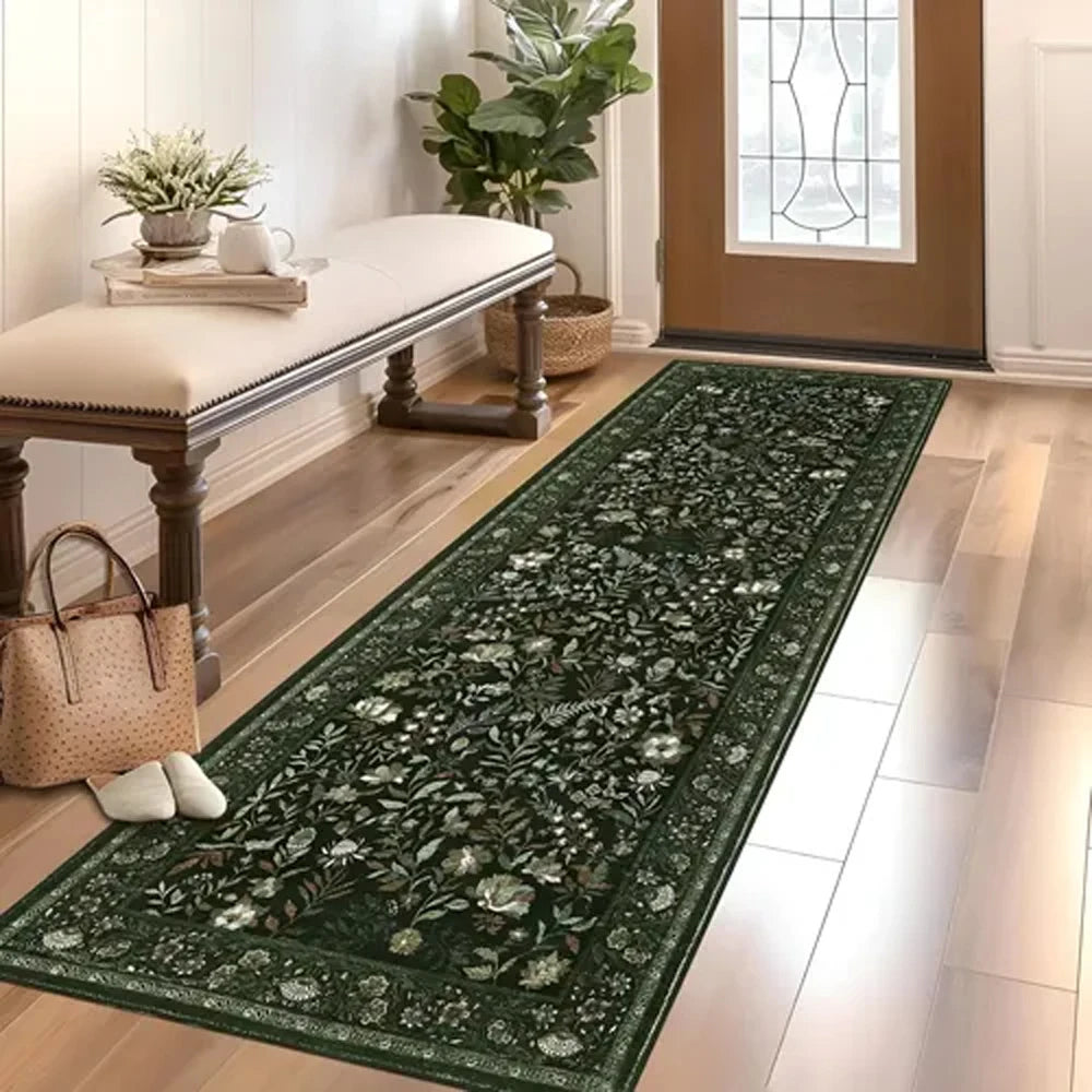 Woodland Botanical Green Runner Rug – Vintage Style Non-Slip Washable Hallway Carpet for Entryway, Bedroom or Living Room