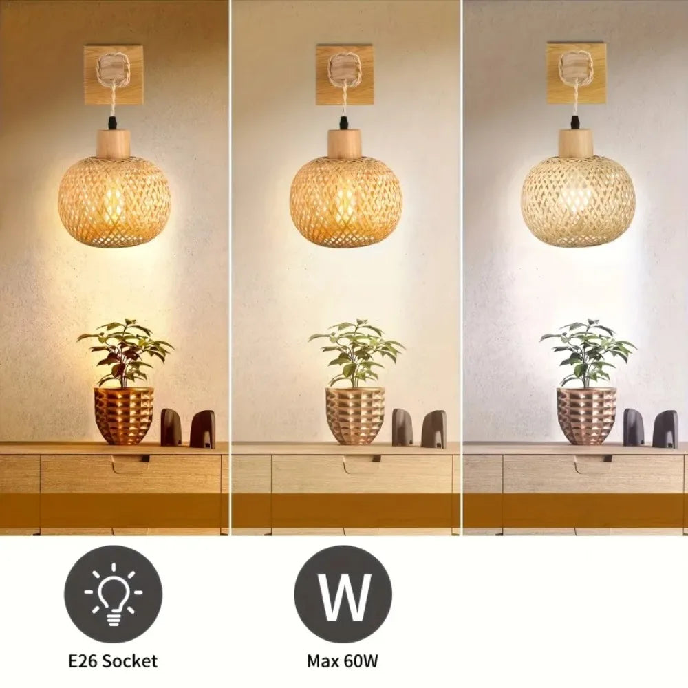 Three light settings of the bamboo wall sconce above a table with a plant, showing E26 compatibility and max 60W