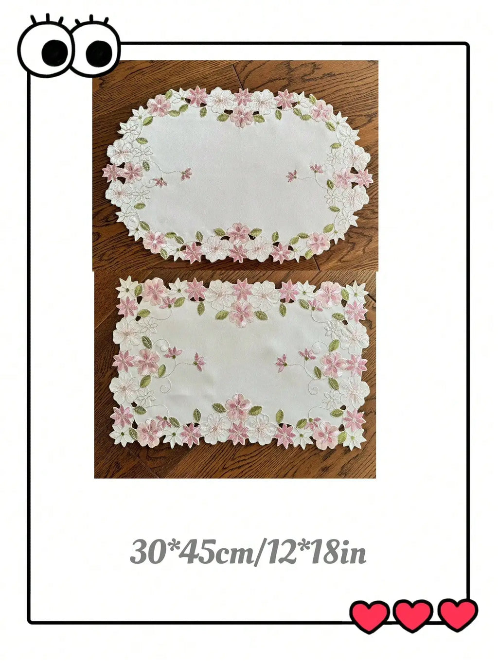 Rectangular and oval Prairie Chic floral placemats in soft pink and green embroidery, displayed side by side on wooden table