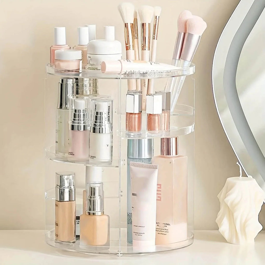 clear spinning cosmetic organizer with skincare and makeup on vanity top