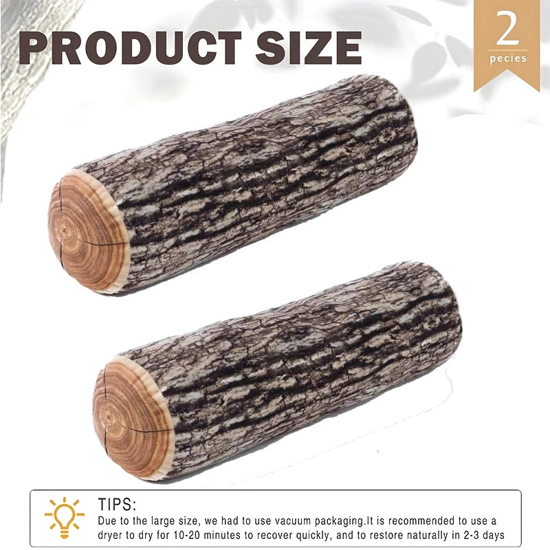 two log shaped pillows with product size information