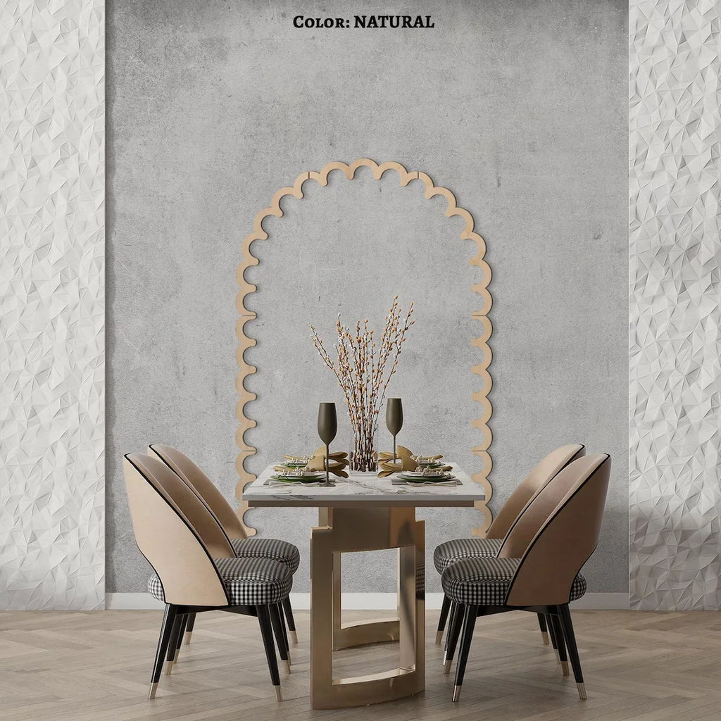 Dining area with scalloped wood wall arch accent framing the table