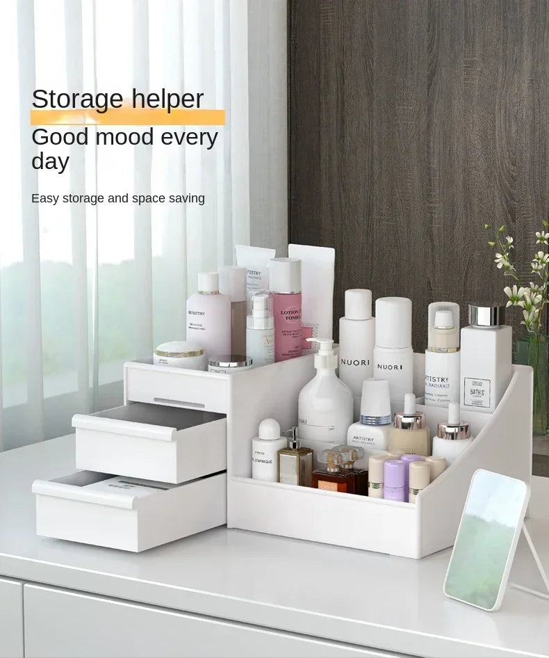 Drawer-Style Plastic Desktop Organizer for Skincare, Makeup & Vanity Storage – White