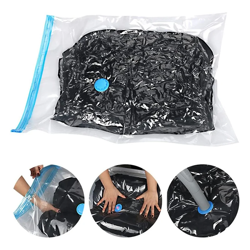 Vacuum bag in use with black clothing inside and compression demonstration