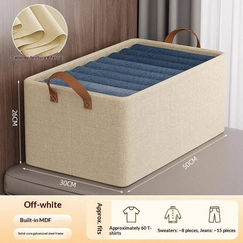 Off-white foldable fabric storage box with brown handles and visible size and capacity details