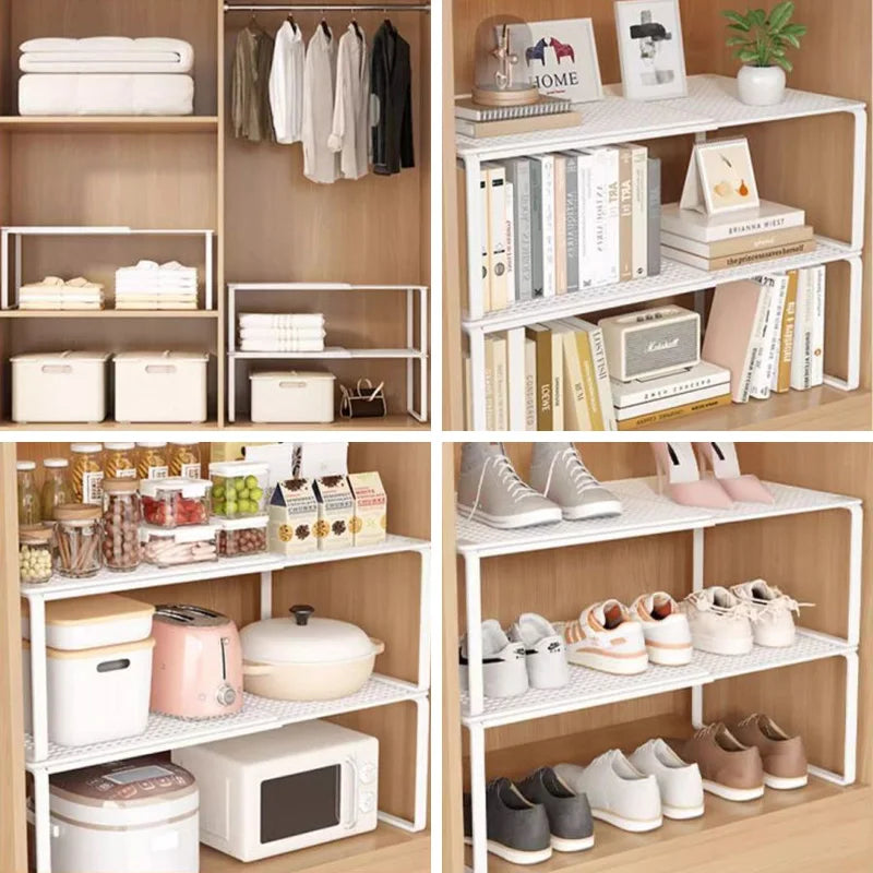 Four uses of white adjustable shelf dividers: closet with folded clothes, bookshelf, pantry with food items, and shoe rack