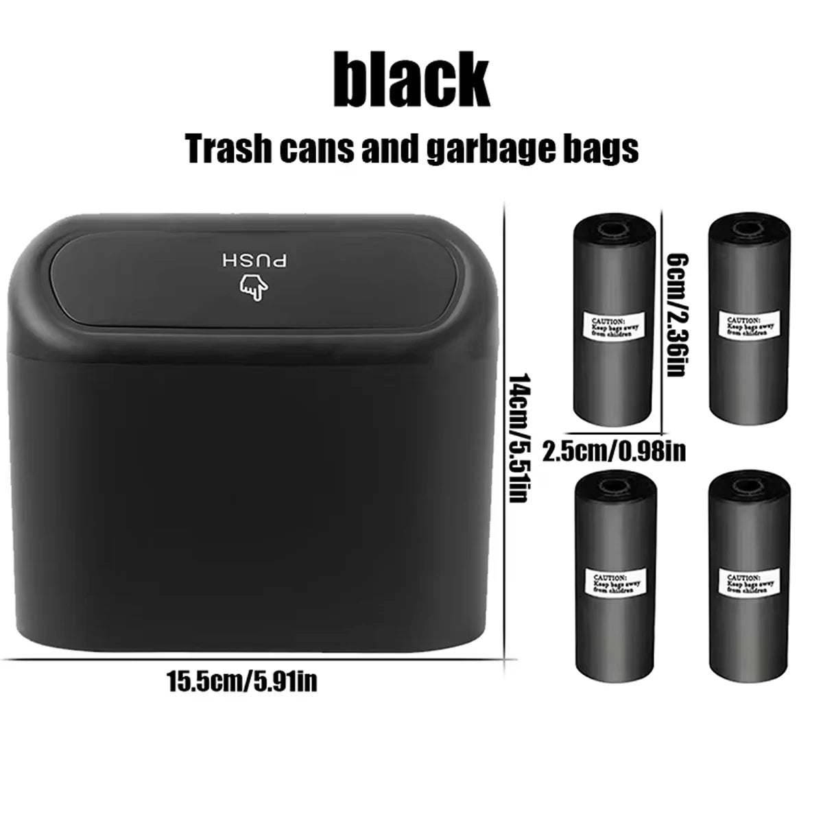 Black mini trash can with lid and four rolls of trash bags, plus measurements