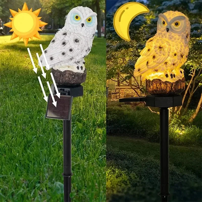 White owl solar garden light shown charging under sun and glowing at night