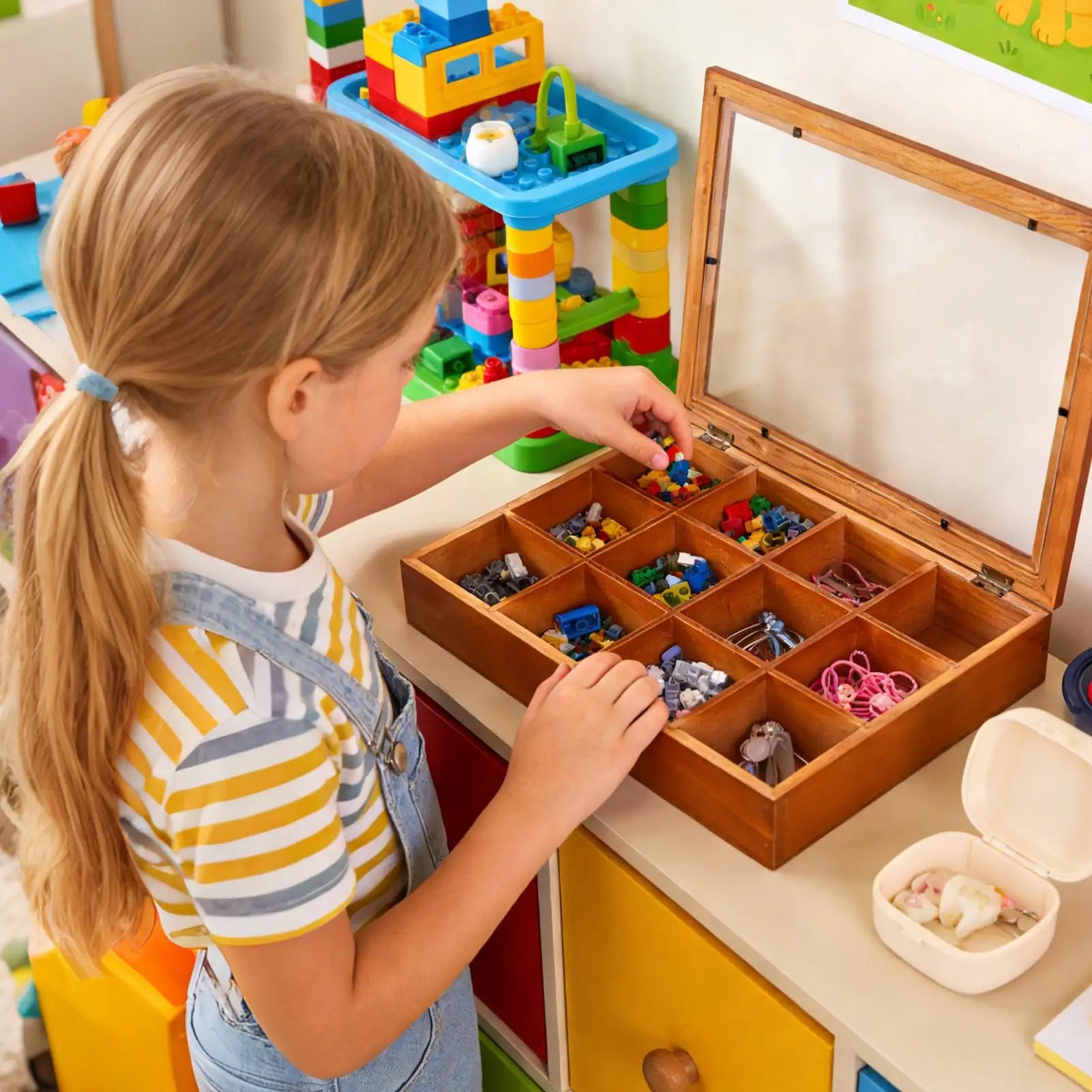 Child sorting small toys into compartments of a wooden box with clear lid in a playroom