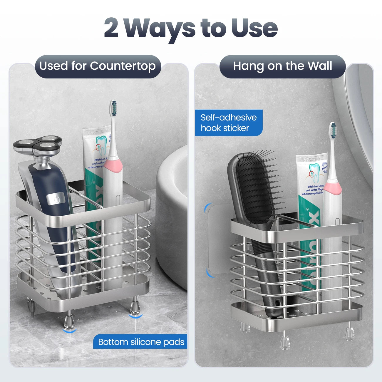 Two ways to use stainless steel toothbrush holder: on bathroom counter with silicone pads, or wall-mounted using adhesive hook