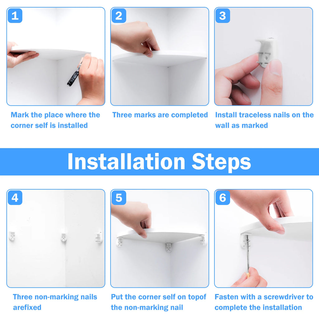 Step-by-step installation guide for wall-mounted corner shelves, showing hands marking, placing, and fastening shelf with traceless nails