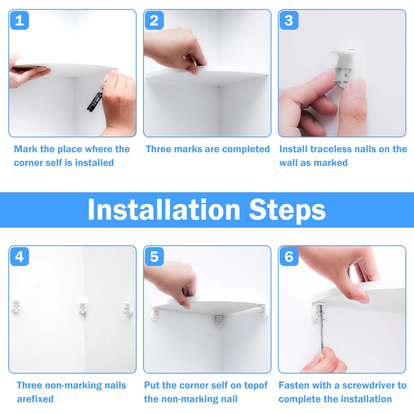 Step-by-step installation guide for wall-mounted corner shelves, showing hands marking, placing, and fastening shelf with traceless nails