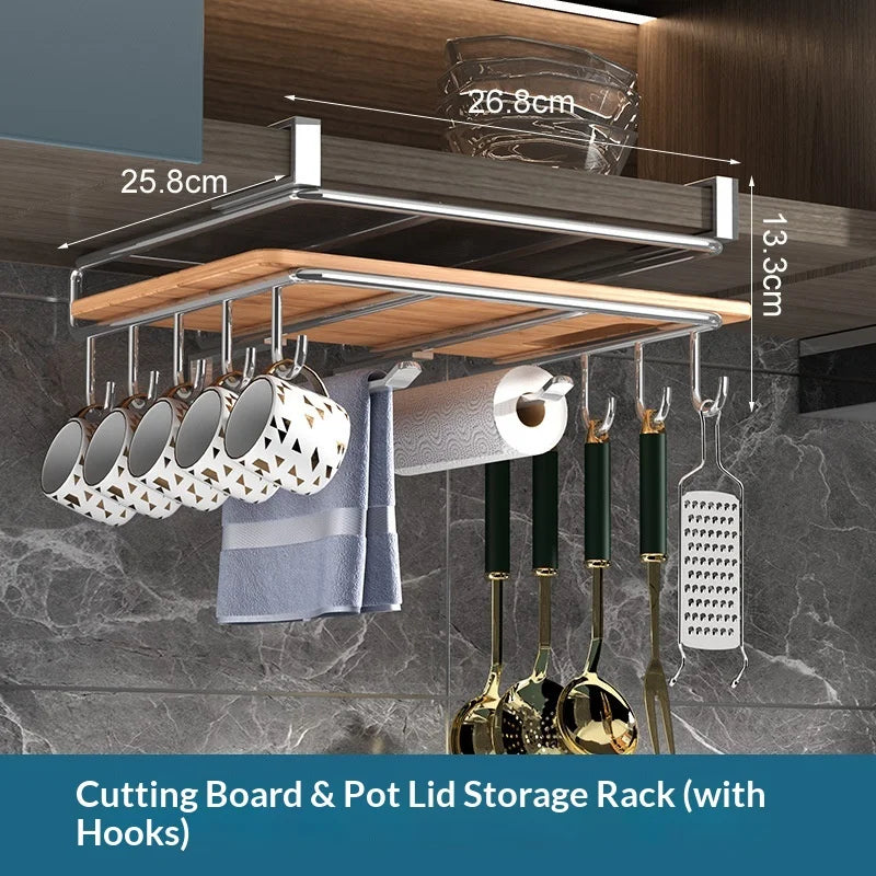 Under Cabinet Hanging Organizer Rack with Hooks for Kitchen Storage