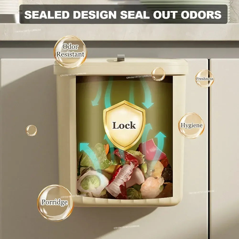 Beige wall-mounted kitchen trash bin with text and graphics illustrating its odor-resistant sealed lid