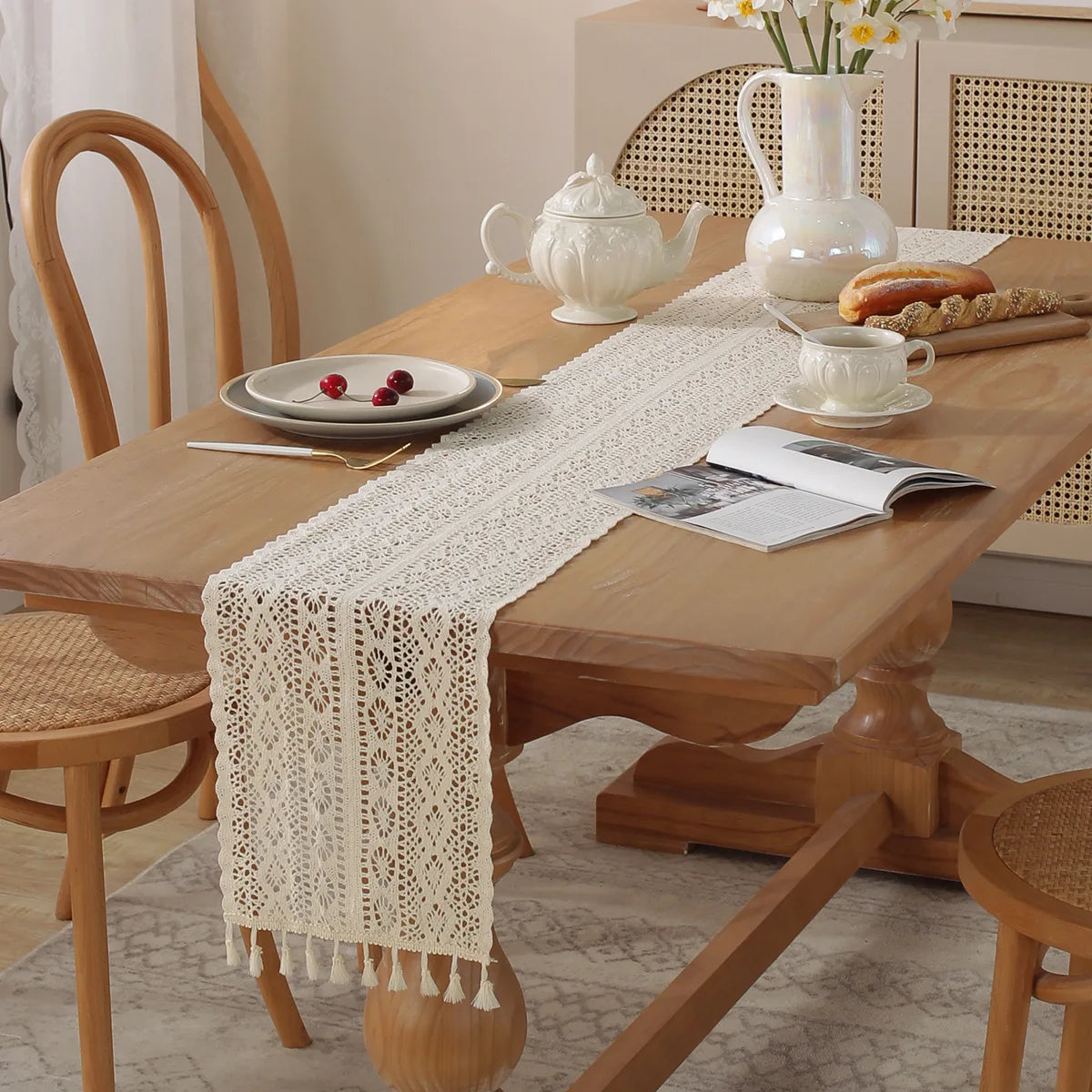 Arden Crochet Lace Table Runner with Tassel – Beige Cotton Blend