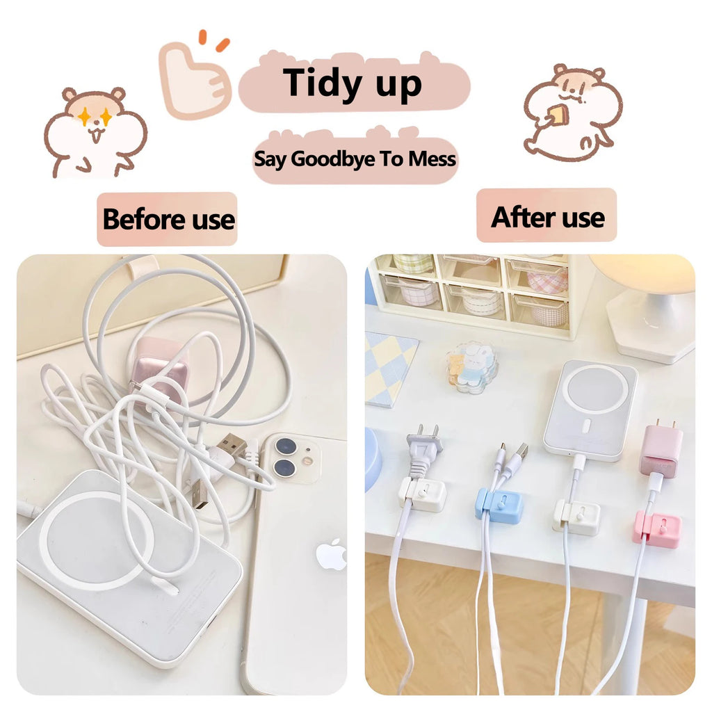 Before-and-after comparison of messy cables versus organized charging cords using desk cable clips