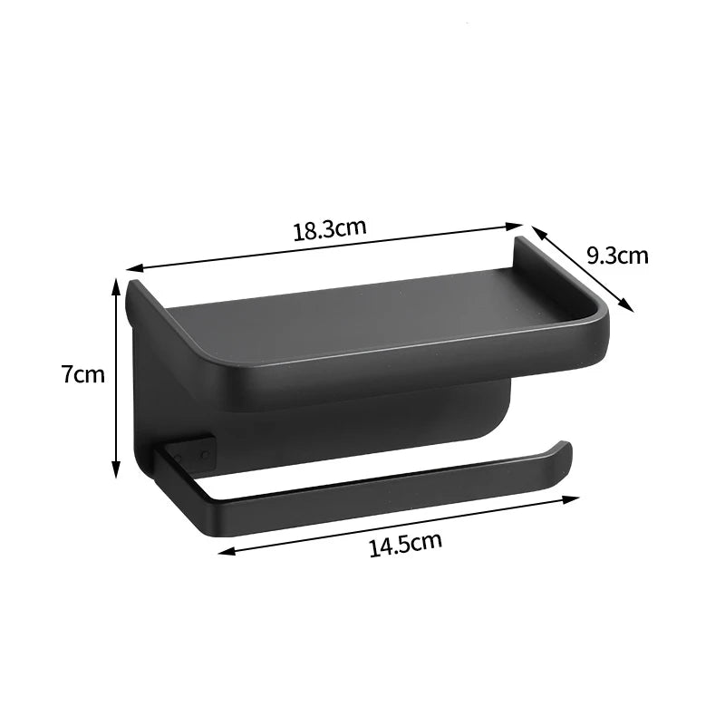 Black aluminum toilet paper holder with storage tray, shown with dimension measurements (18.3cm x 9.3cm x 7cm tray; 14.5cm bar).