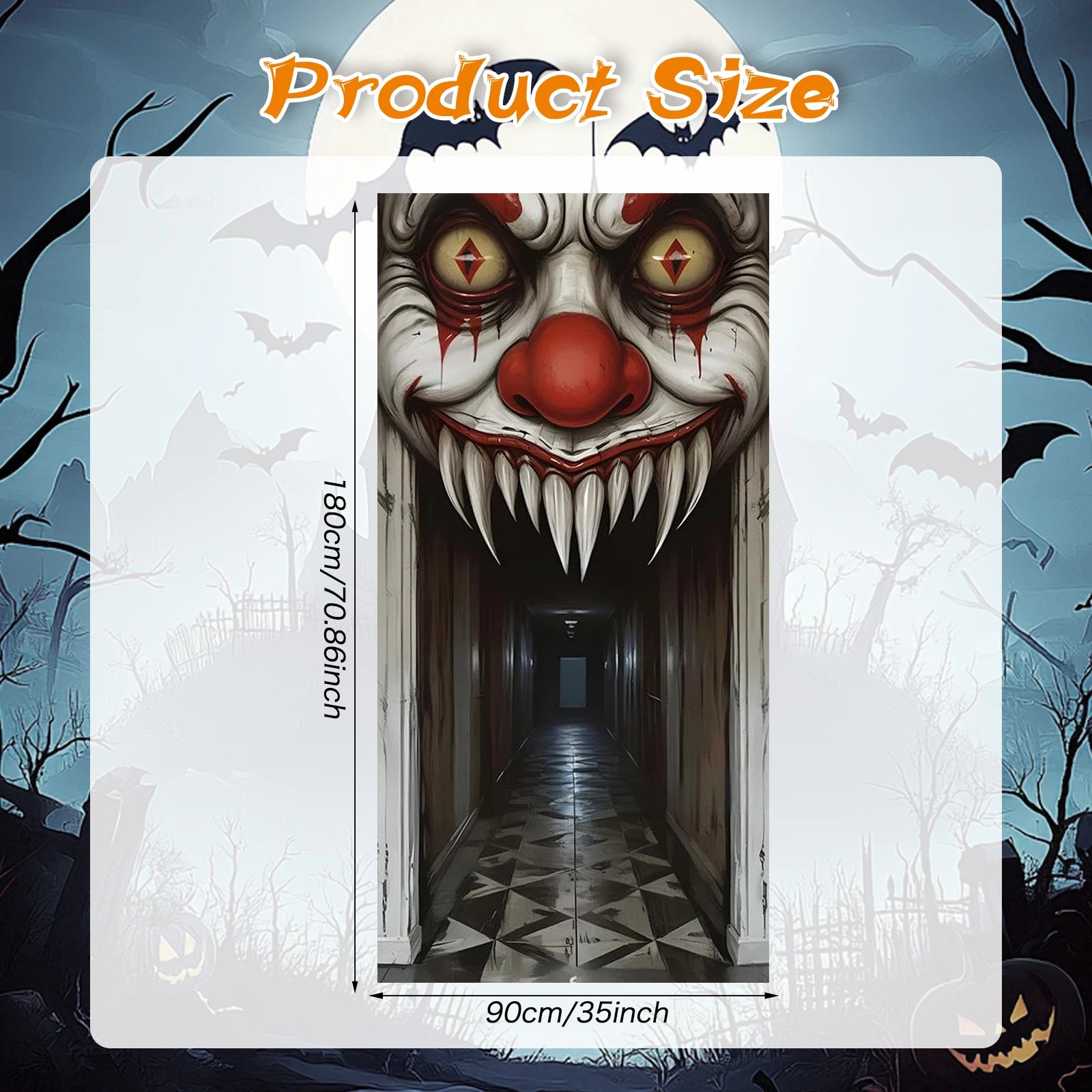 Product size chart showing dimensions of the clown hallway door cover