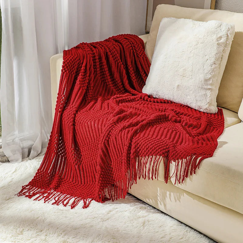 Nordic Knit Acrylic Throw Blanket with Tassels for Bed, Sofa, and Cozy Winter Decor