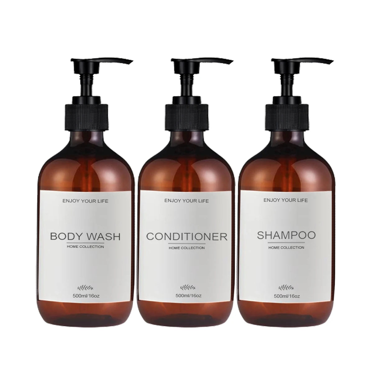 3-Pack 500ml Amber Plastic Shampoo, Conditioner & Body Wash Dispenser Bottles