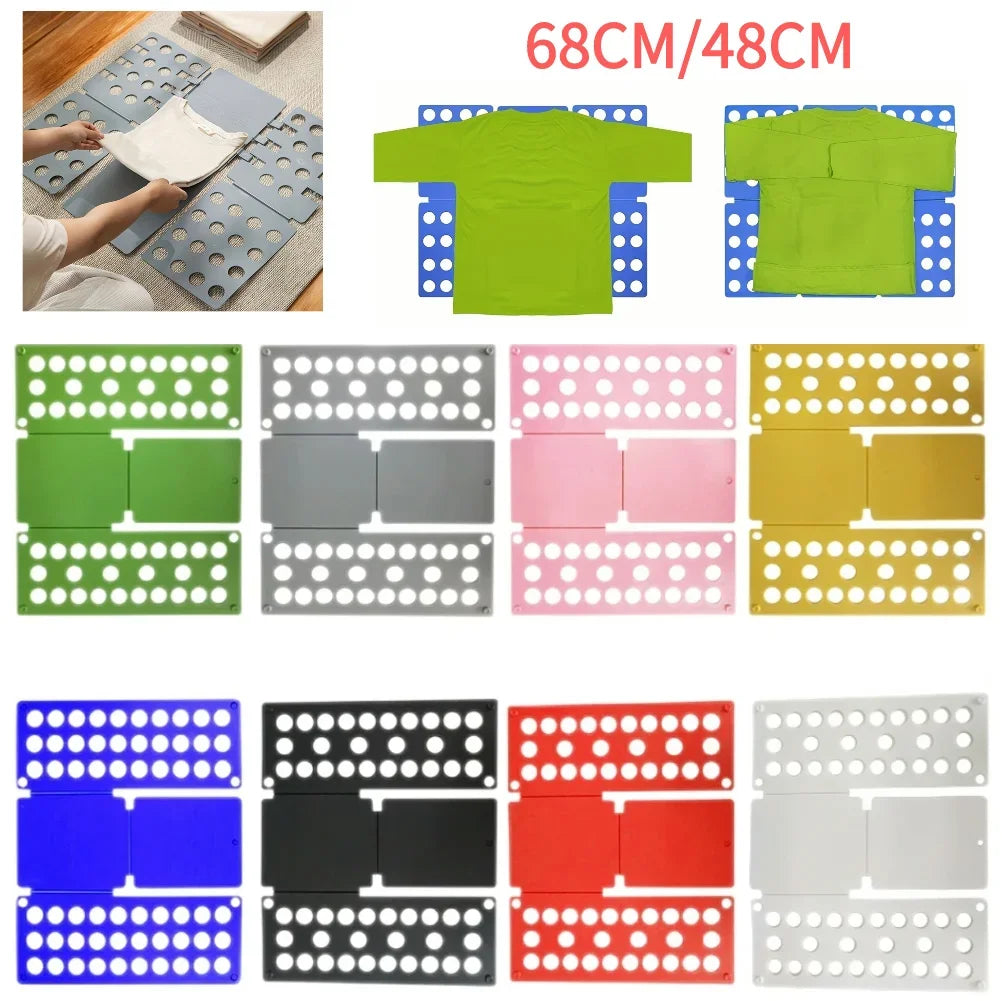 Selection of plastic folding laundry boards in various colors, with diagrams showing shirt sizes