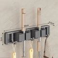 Wall-Mounted Broom and Mop Organizer Rack with Side Hooks – Grey