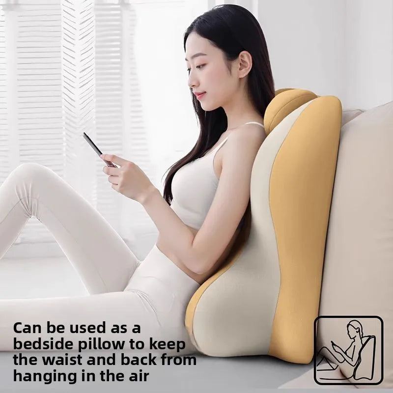 Woman sitting in bed using memory foam backrest pillow for phone use
