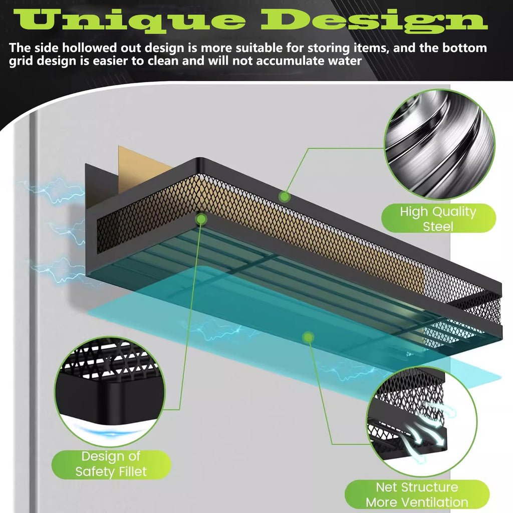 Detailed diagram showing magnetic metal spice rack with high quality steel construction, ventilated mesh sides and bottom