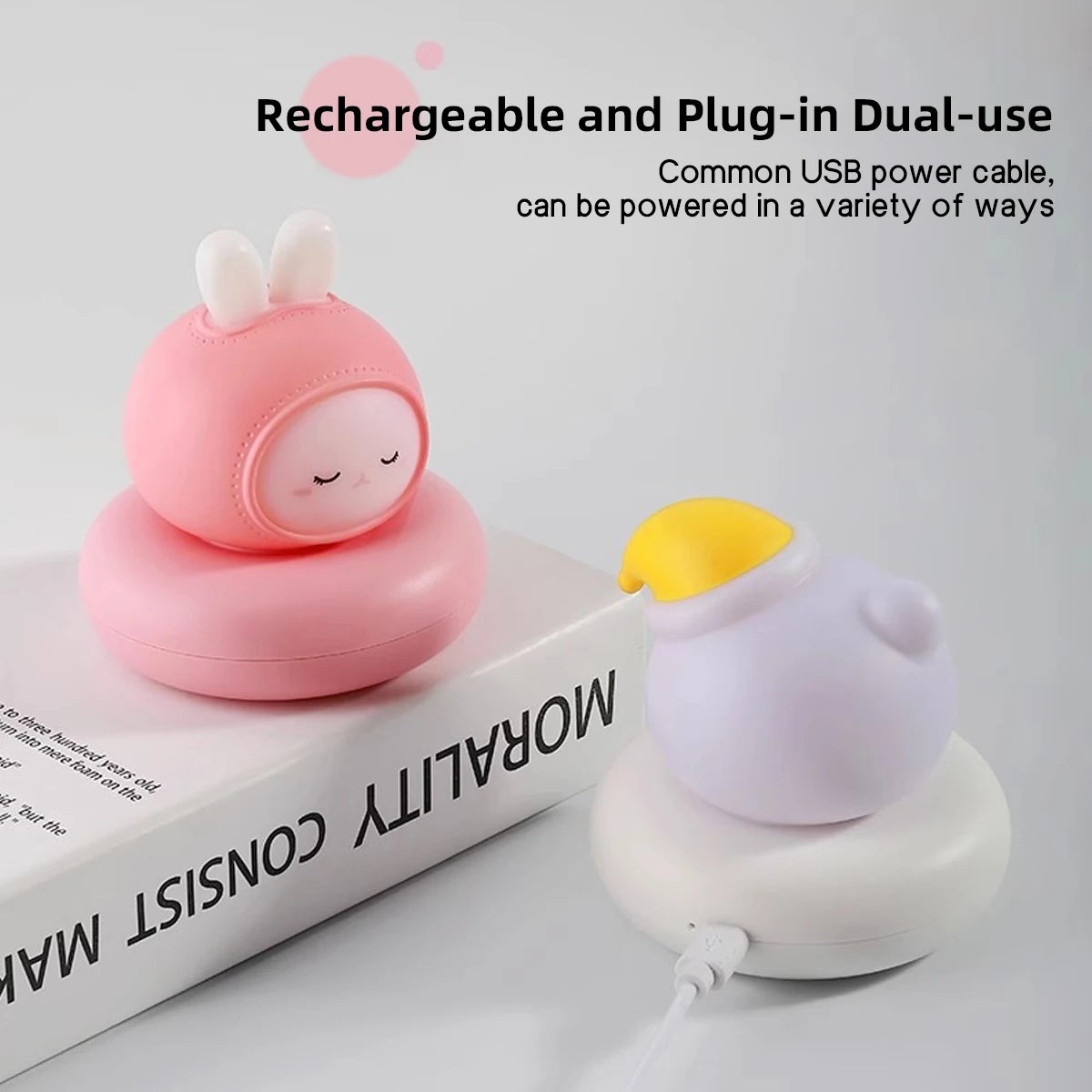 Rabbit and bear animal night lights shown with USB charging cables on a white background