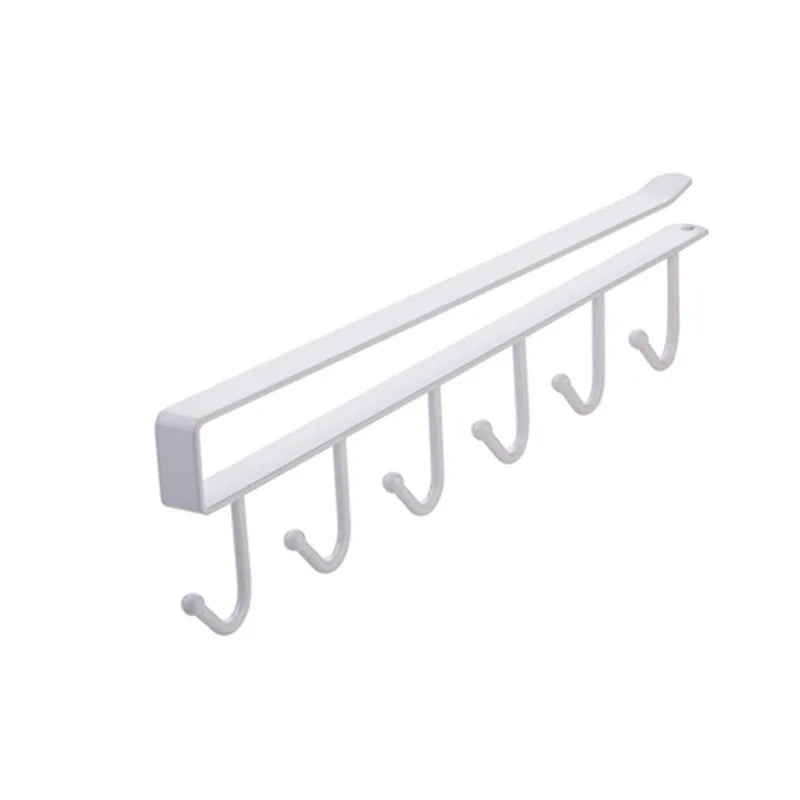 white under-cabinet 6-hook hanging rack for mugs and utensils on a plain background