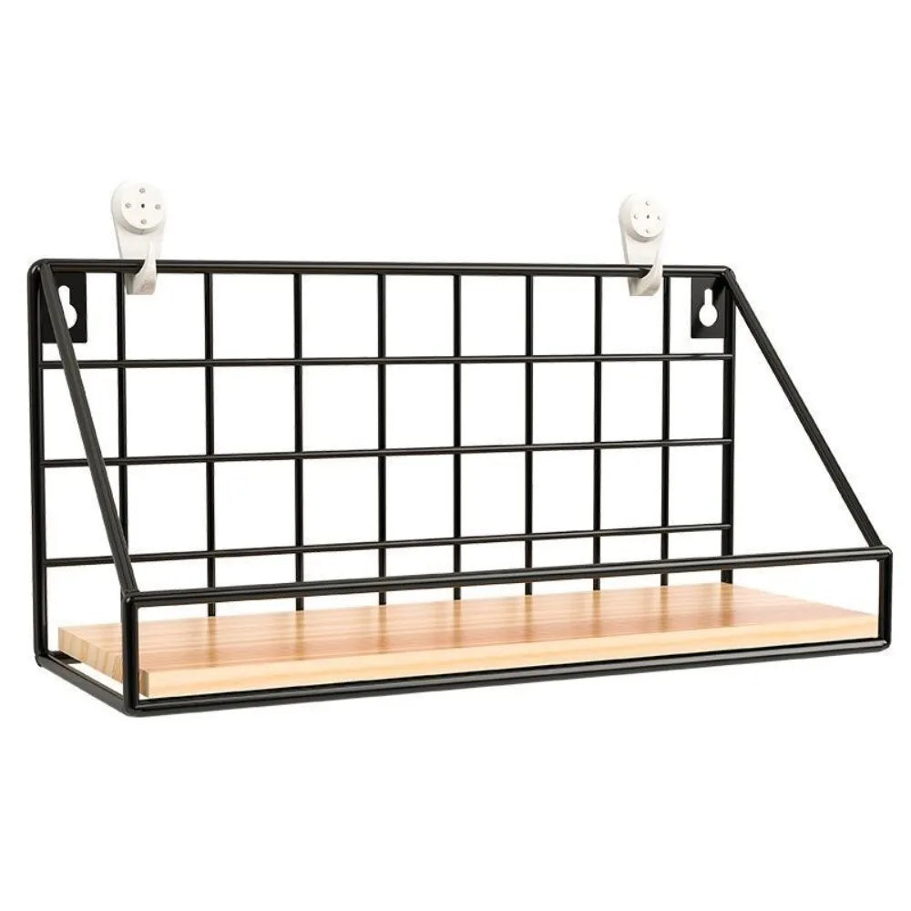 Single black grid wall shelf with wood-effect base against a white background