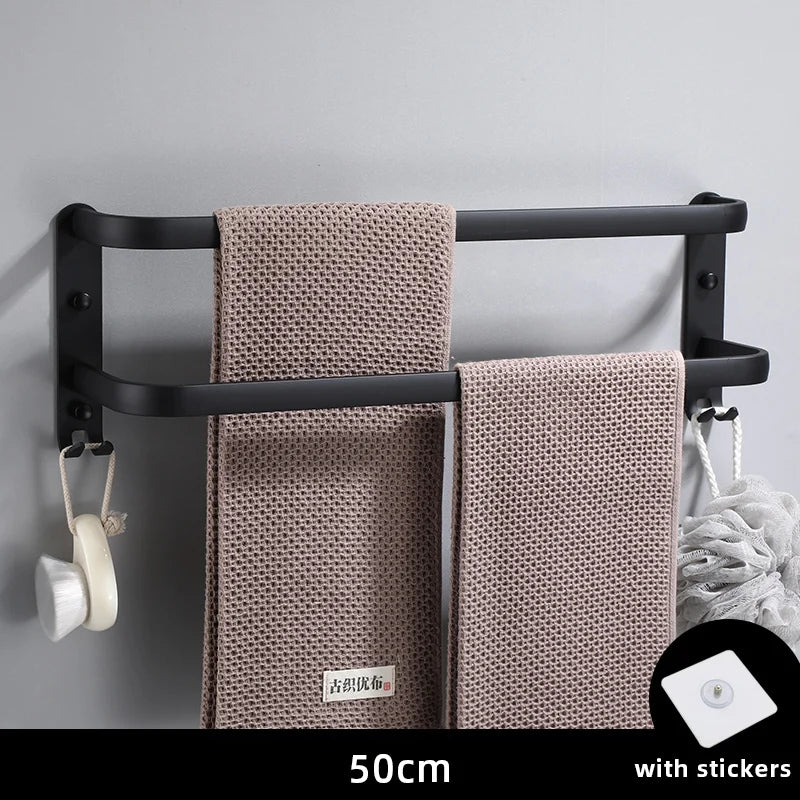 Matte Black Aluminum Wall-Mounted Towel Rack with Hooks for Bathroom Organization, 50cm, Single/Double/Triple Bar