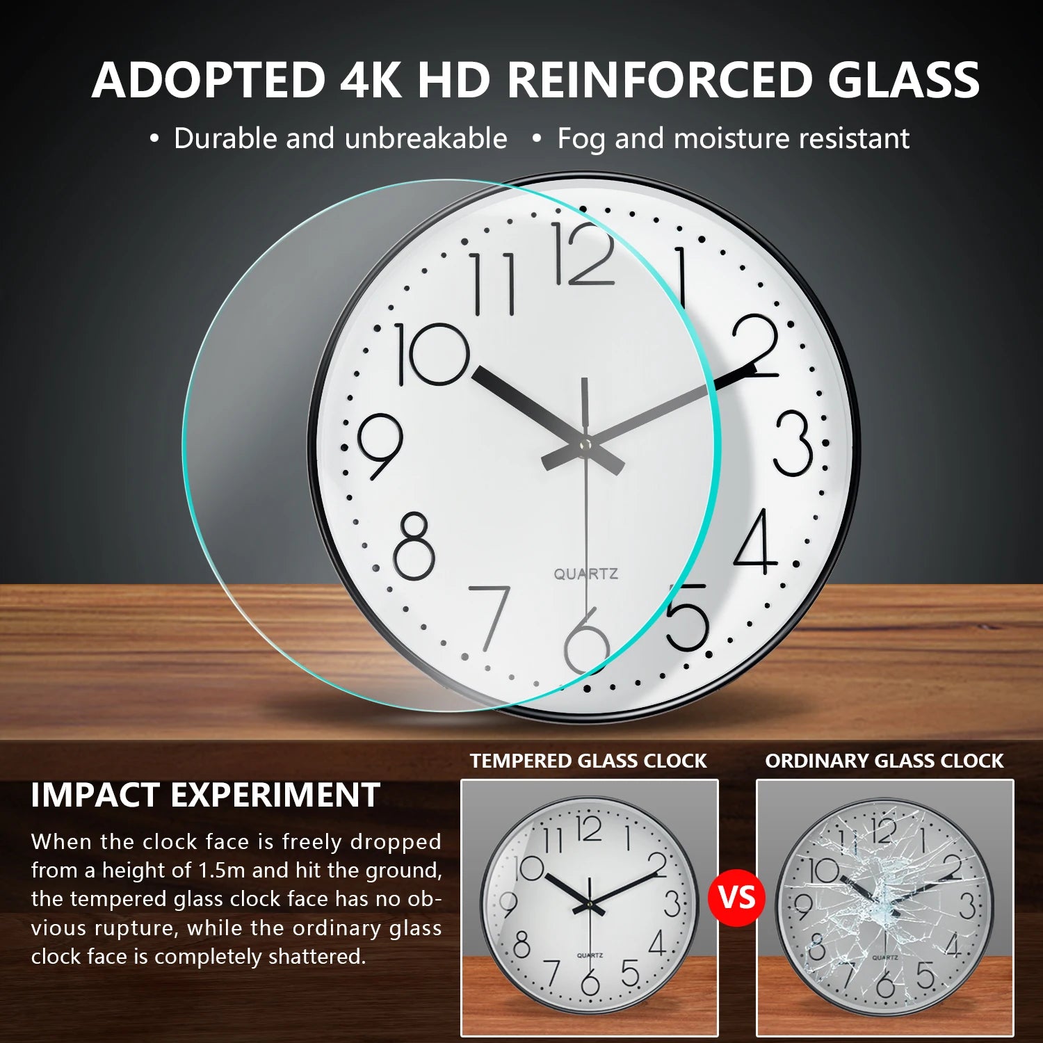 Tempered glass minimalist wall clock compared to ordinary glass for durability