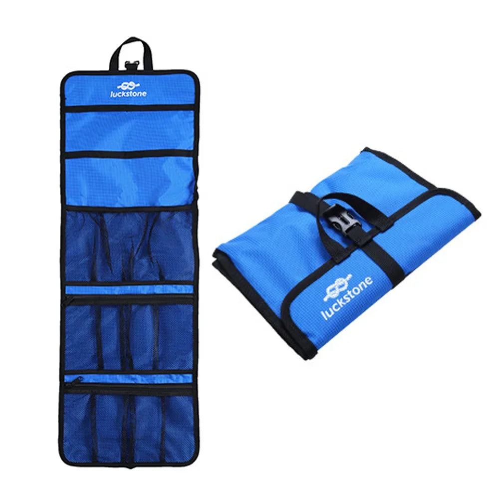 Blue foldable organizer roll shown open with mesh pockets and rolled up for storage