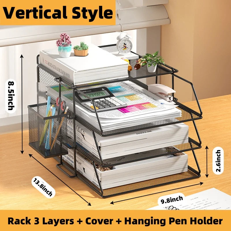 Mesh Metal Desk Organizer with Multi-Tier Paper Trays and Pen Holder