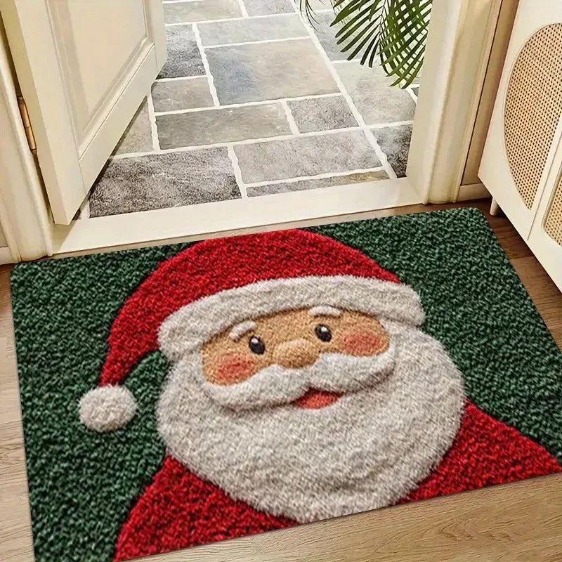 Festive Holiday Welcome Mat with Non-Slip Backing for Entryway or Porch, 60x40cm – Santa, Reindeer & Christmas Motifs