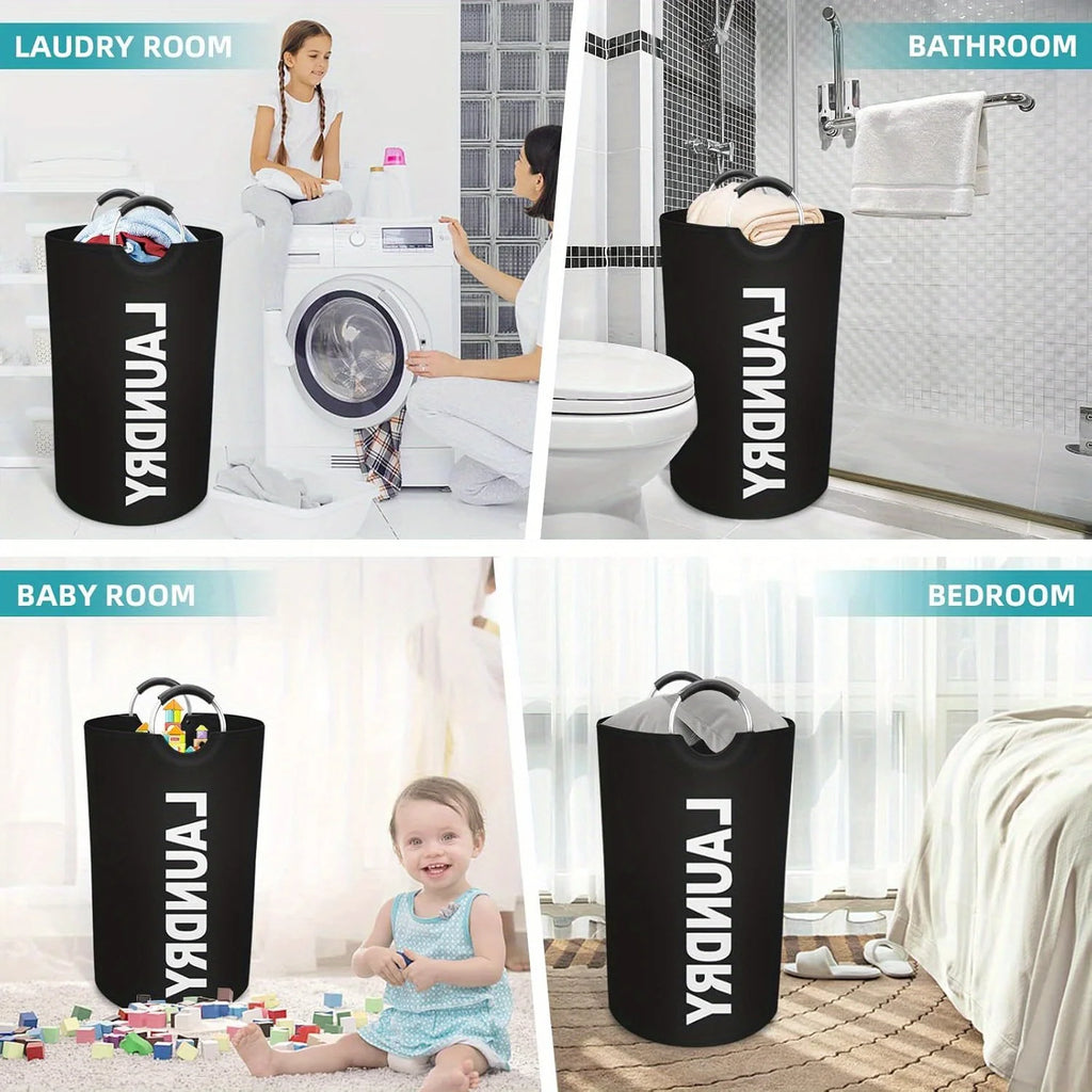 Laundry hamper in black shown in laundry room, bathroom, bedroom, and baby room for different uses